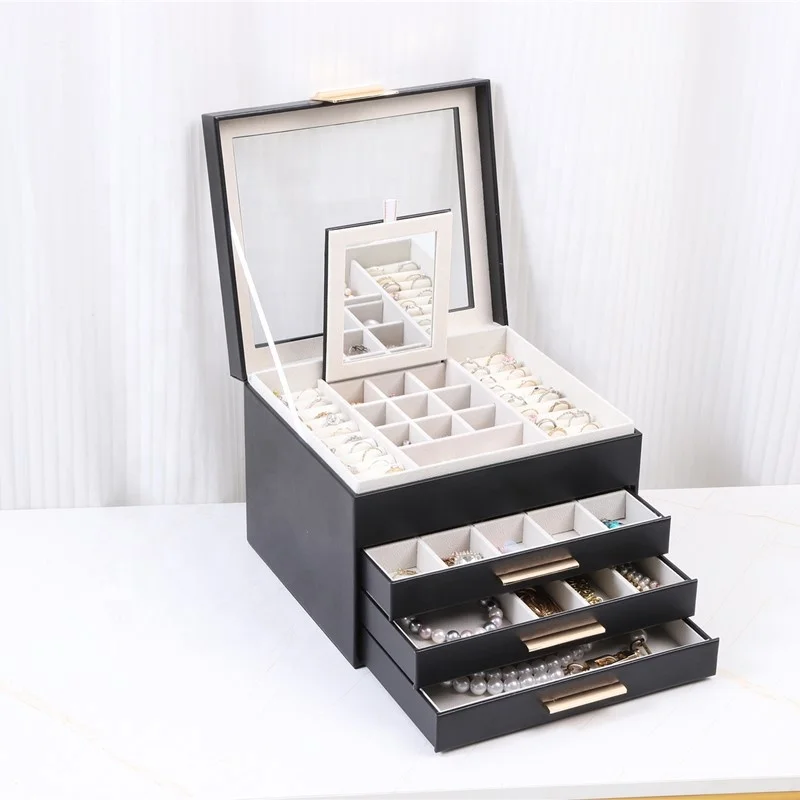 4 Layers Jewelry Organizer 3 Drawers Large Multi-Functional Jewelry Storage Display Case with Clear Lid for Women