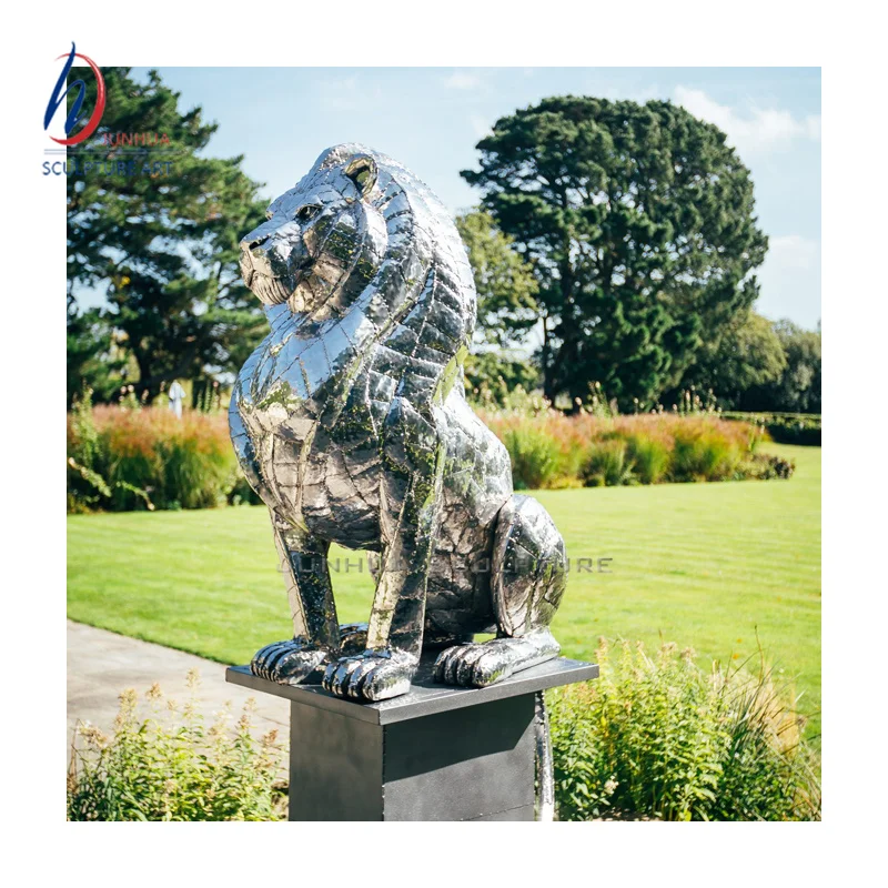 Modern Design Outdoor Life Size Mirror Polishing Stainless Steel Lion Panther Deer Elephant Statue