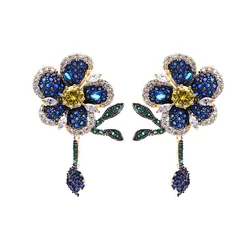 Heavy industry micro-inlaid colorful zircon earrings smart leaf earrings 925 silver needle three-dimensional flower earrings