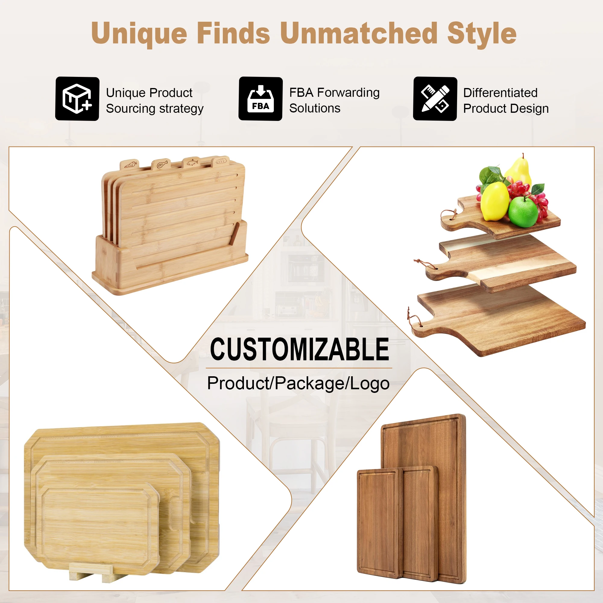 Customizable 3 pcs natural acacia wood cutting board set with juice groove and non-slip feet thick wooden serving tray plate