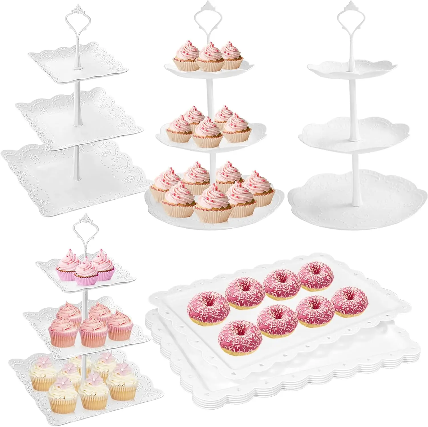 10 Pcs Cake Stand Plastic Dessert Table Stand Set 3 Tired Cupcake Display Stands Cookie Rack Serving Tray Cake Display Tower