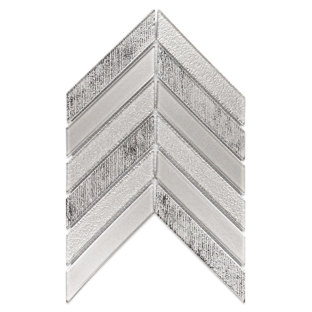 Luxury style waterjet chevron fishbone shape silver glass mosaic tiles