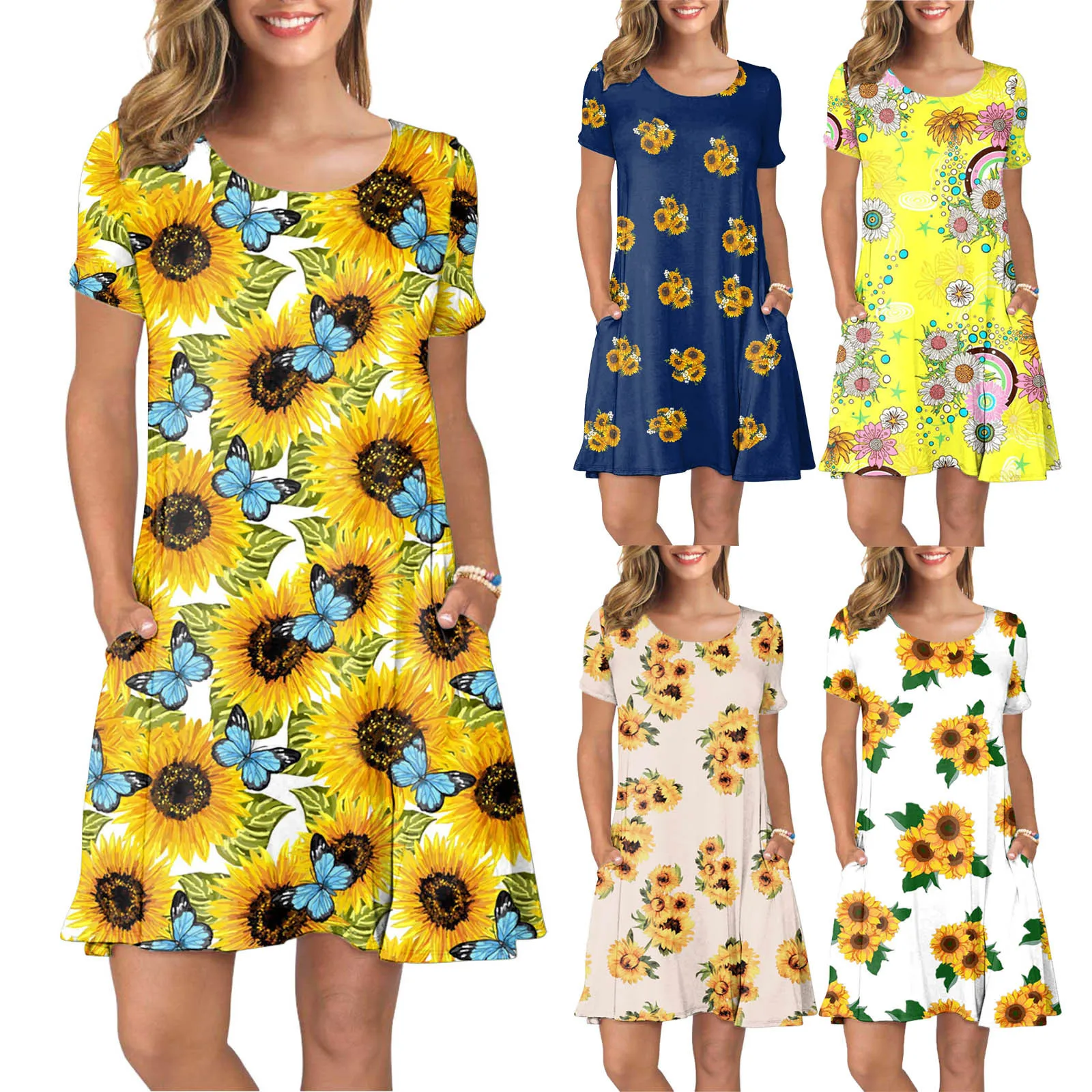 Women Casual Summer T Shirt Dress Loose Short Sleeve Tunic Dress with Pocket for Women