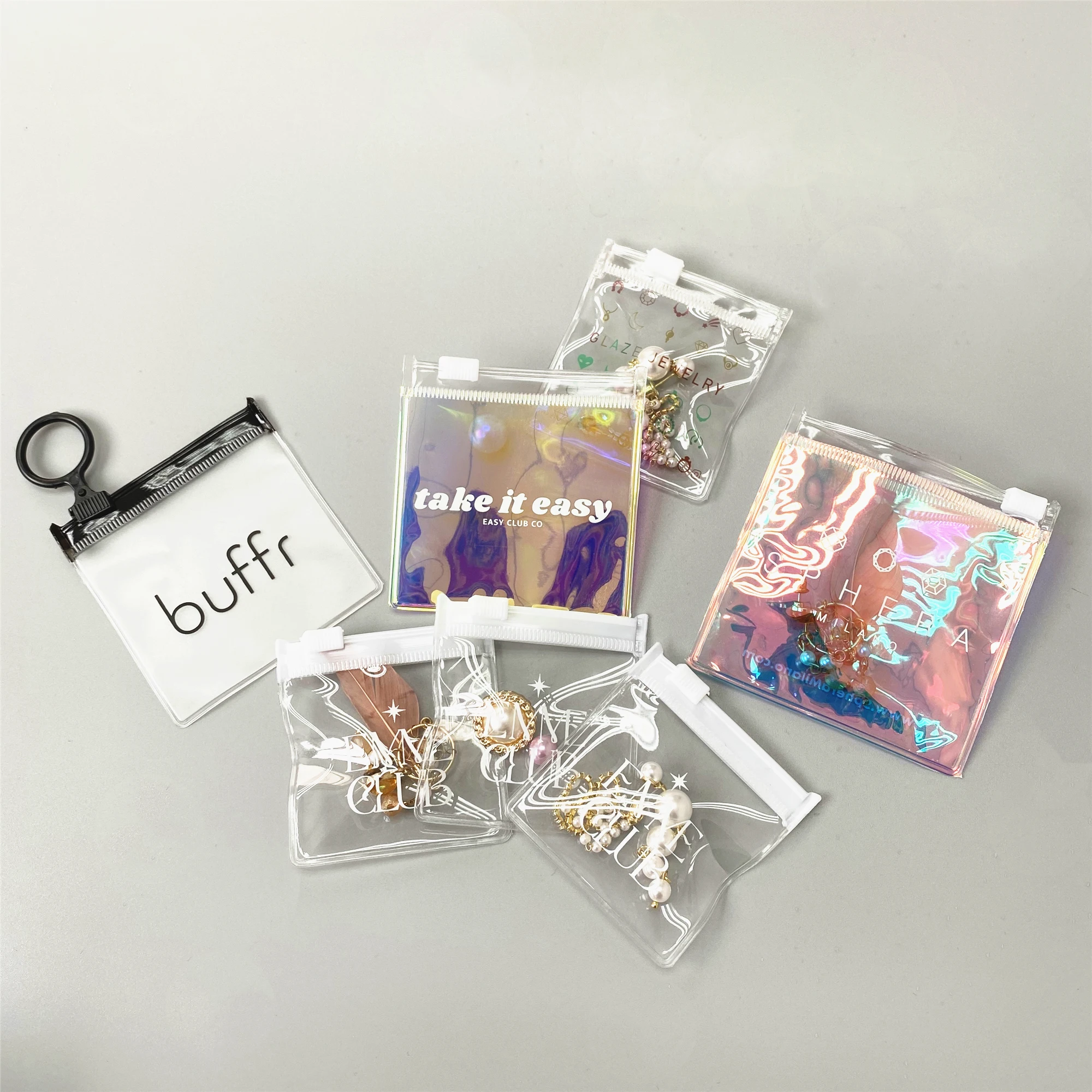 Custom Gold Foil Logo Mini PVC Plastic Jewelry Pouch Cosmetic Slide Zip Lock Packaging Bags For Jewelry Rhinestones Glitter