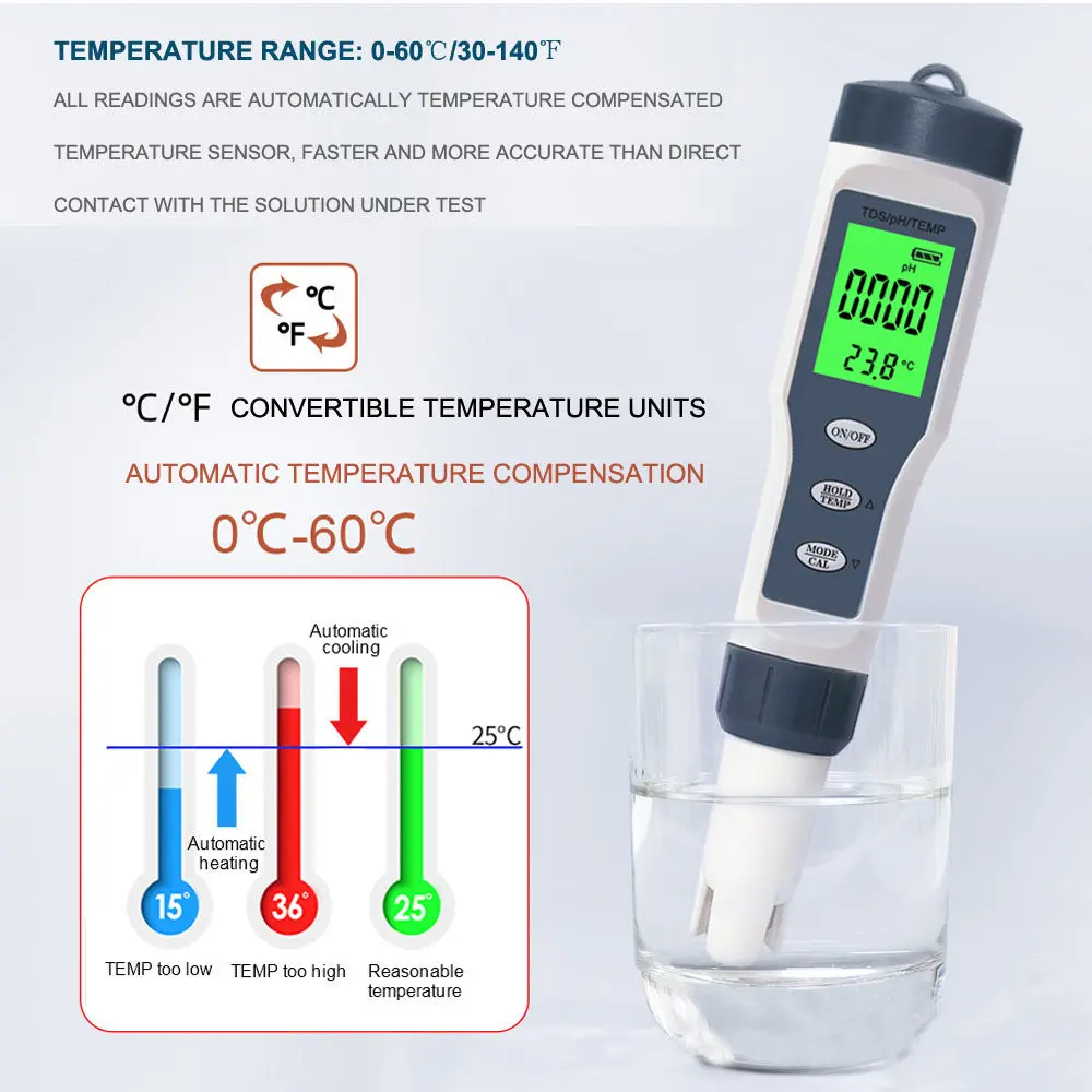 3 In 1 TDS/PH/TEMP Water Quality Tester Digital Monitor Tester With Electrode Temperature Sensor