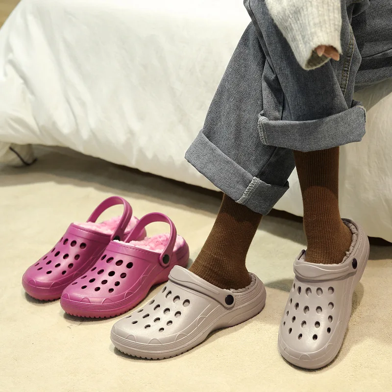 Новые модные меховые Нескользящие бархатные туфли с дырками домашние тапочки Нескользящие домашние тапочки с бархатной сеткой