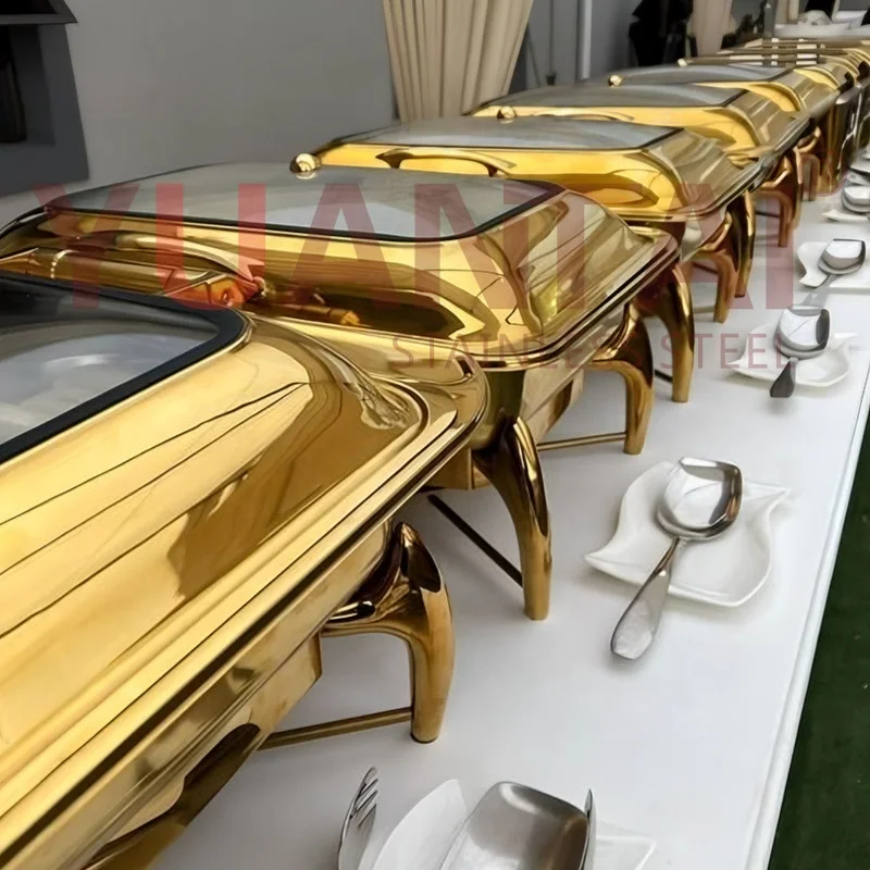 New Arrival Rectangular Chaffing Dishes Stainless Steel Catering Equipment Double pan 9L Gold Flip Top Chafing Dishes