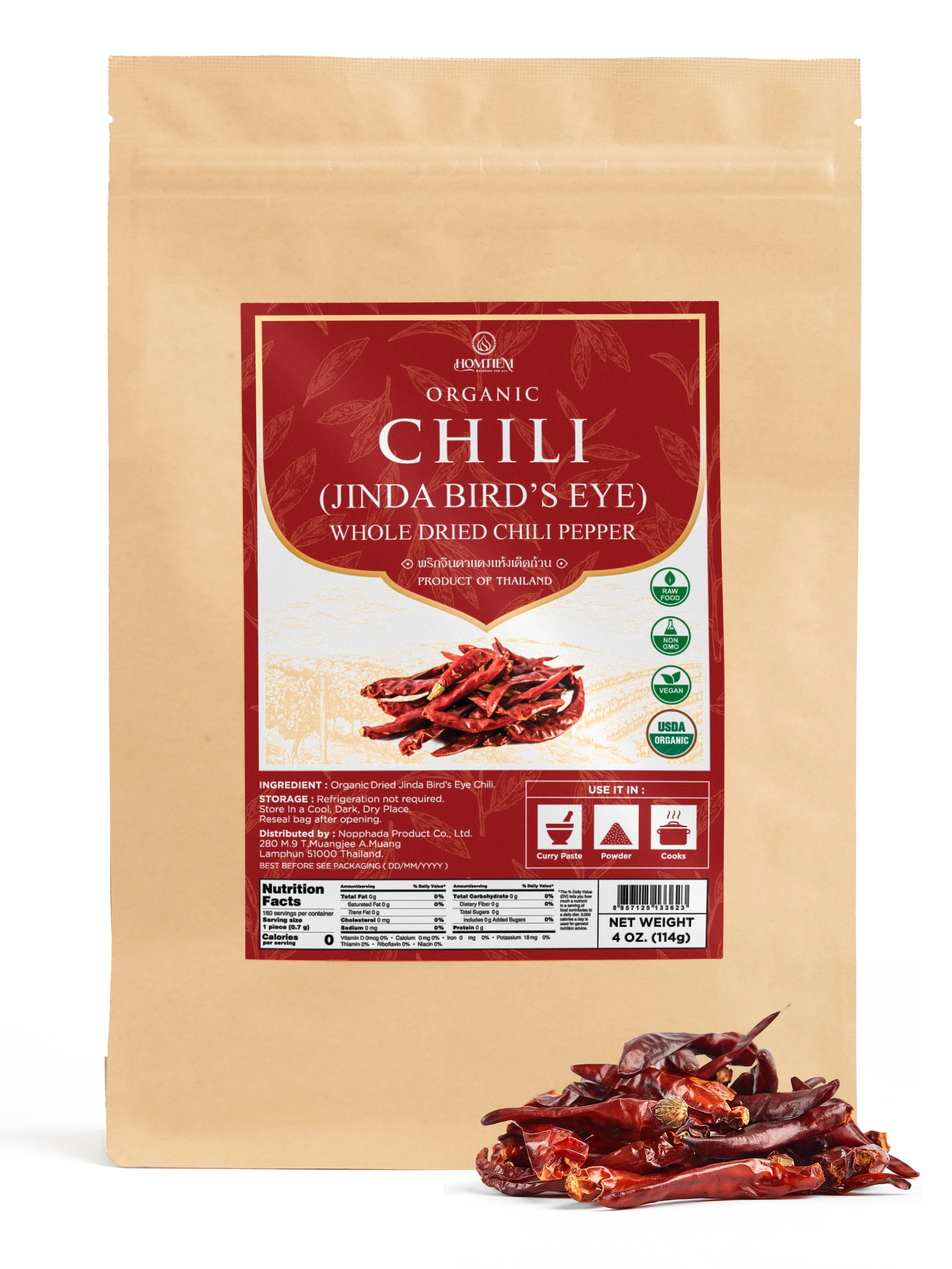 Homtiem  4 Oz. Organic Jinda Dried Chili Peppers for Tom Yum Soup and Pad Thai AUTHENTIC FROM THAILAND