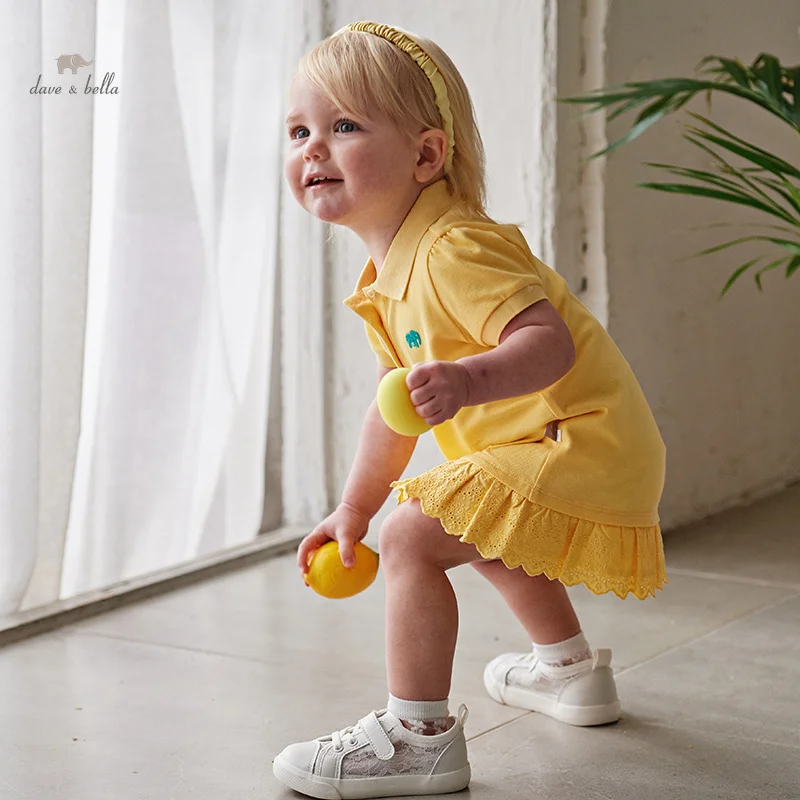 DB2240620 DAVE BELLA Children Girls Princess Dress 2024 Summer New Baby Girls Fashion Pure Cotton Cute Sweet Knitted Dress