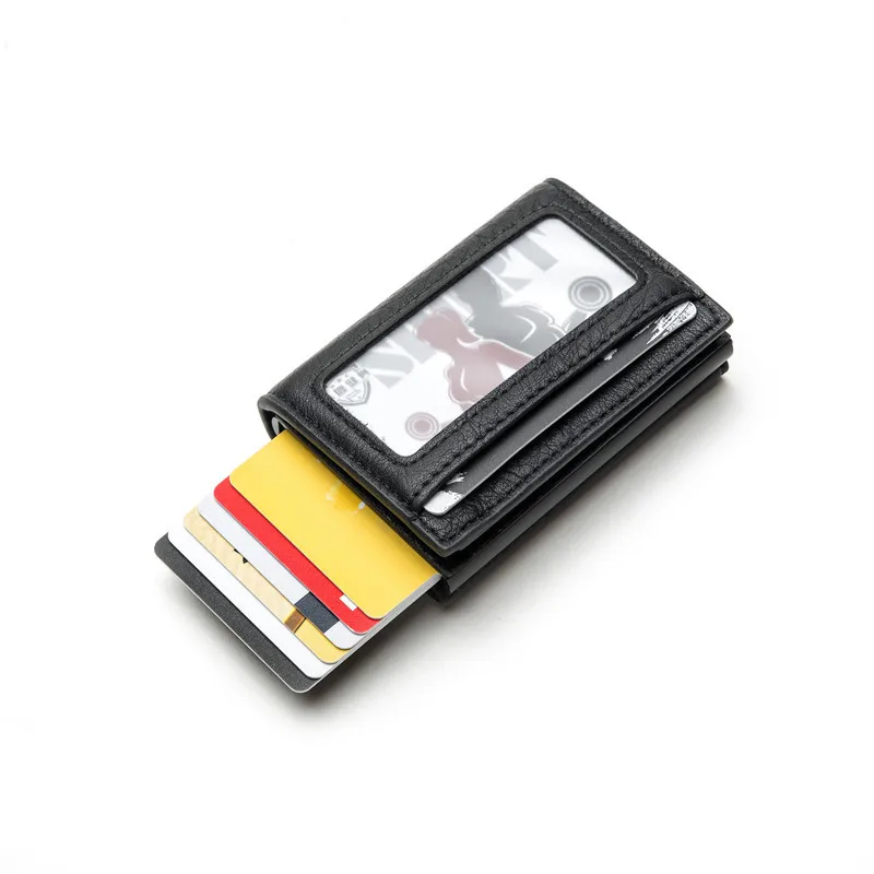 Hot Sale Travel Metal Business Bank Card Case Pop Up Rfid Blocking Pu Leather Card Holder With Window Id Pocket Wallet For Men