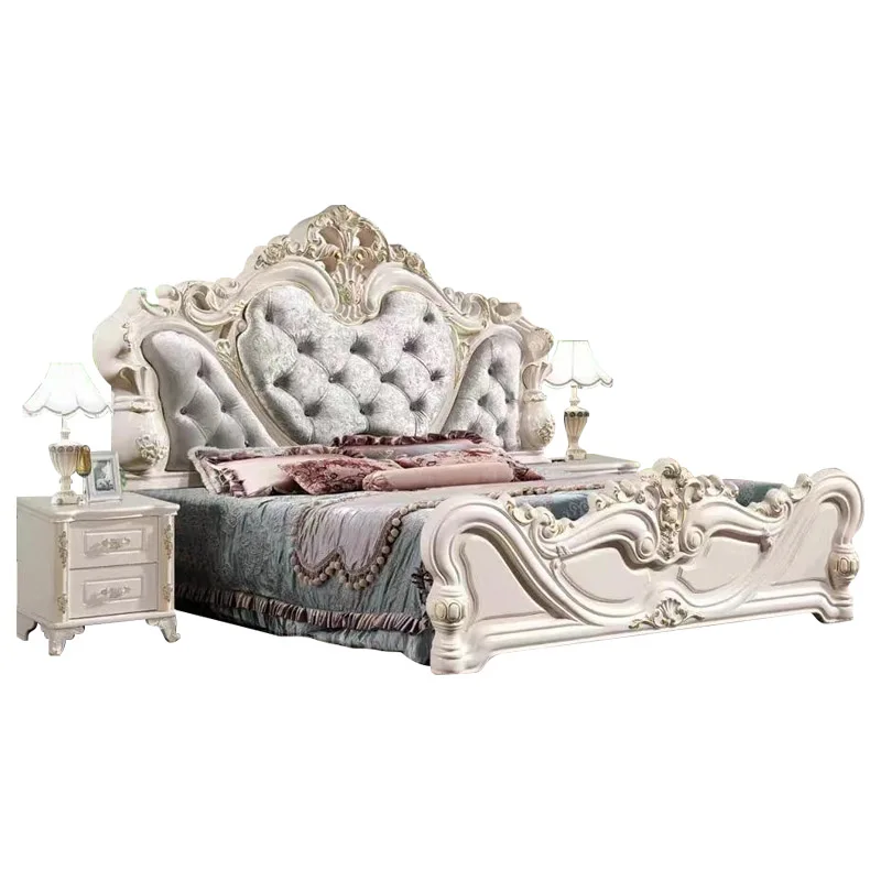 French White Queen Size Double Bed Frame Room Full Set Furniture American Style King Size Bedroom Sets With Storage Wardrobes