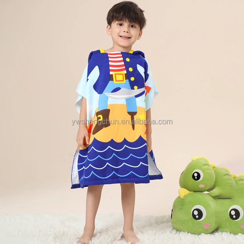Wearable Pirate Printed Summer Children Poncho Microfiber Custom Hooded Kids Beach Towels