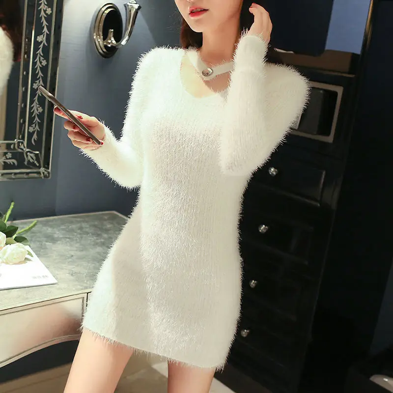 2021 new arrival crew neck halter long sleeve mohair slim fit sweater dress