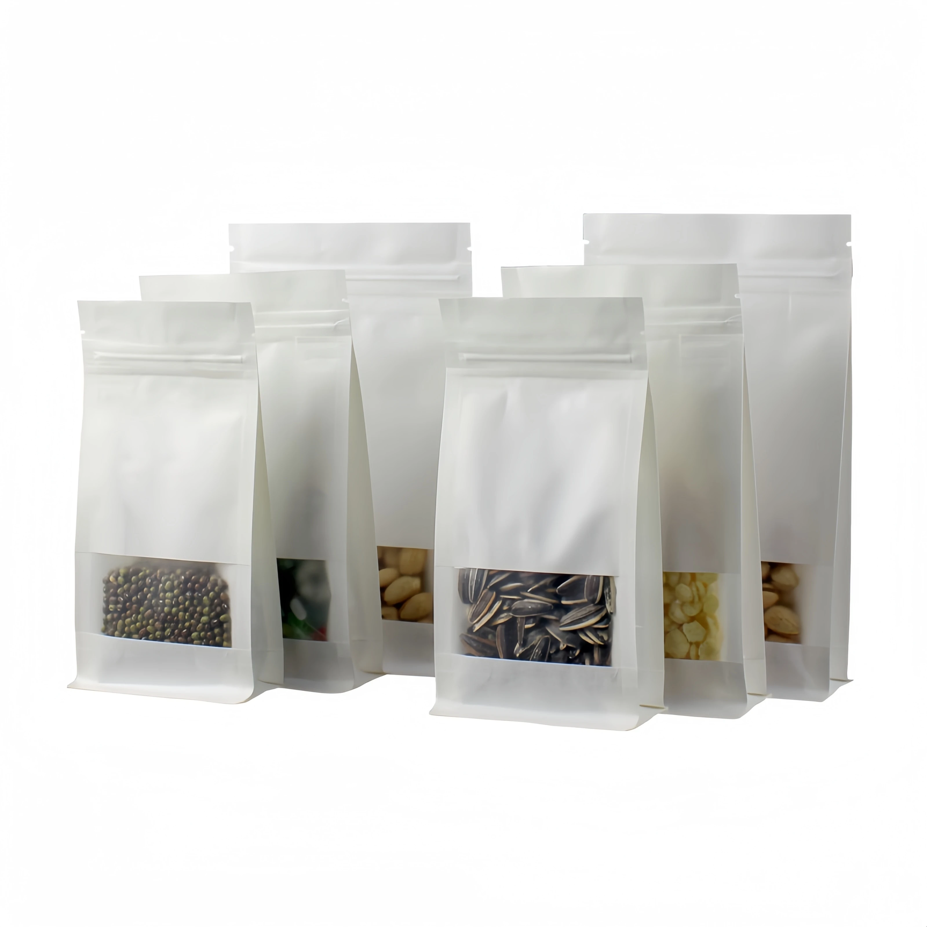 In stock Stand Up White Kraft Paper Resealable Ziplock Plain Heat Sealable Food Packaging Doypack Pouches Bags With Window