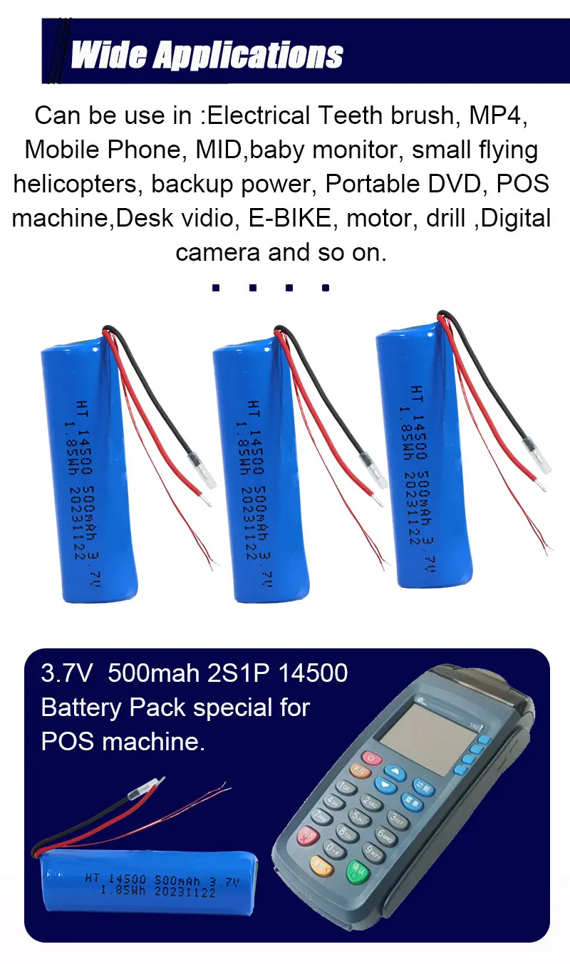 High Quality Li-ion Battery Cell 14500 500mAh 3.7V Rechargeable Lithium Battery Packs with NTC for POS Machinery