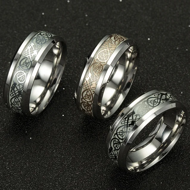 
Green Glow In The Dark Dragon Texture Male Silver Ring Polishing Stainless Steel Ring Man 