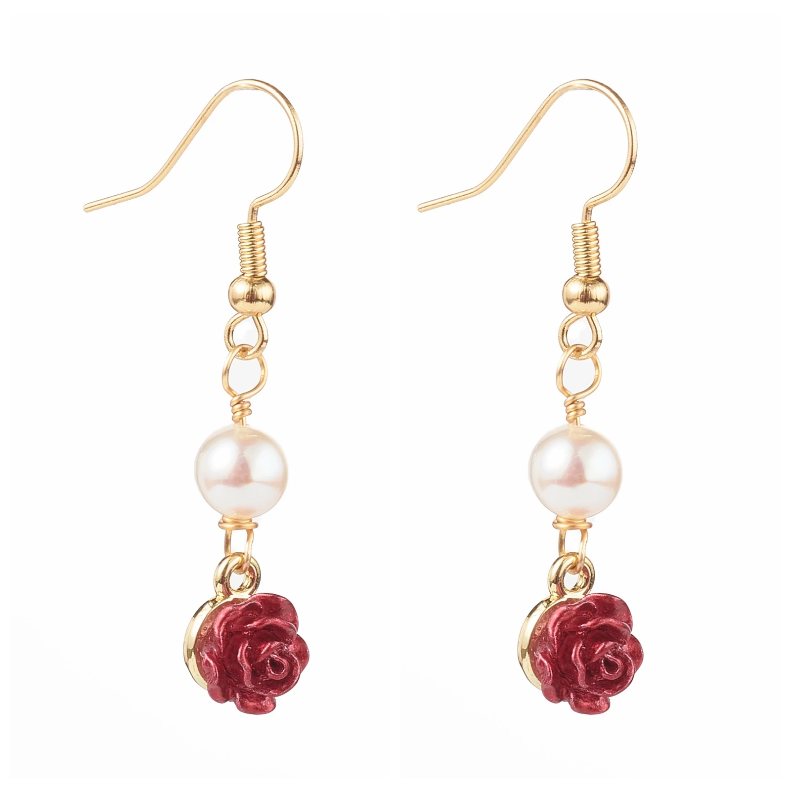 PandaHall Natural Pearl Beads Red Real 18K Gold Plated ABS Plastic Rose Dangle Earring