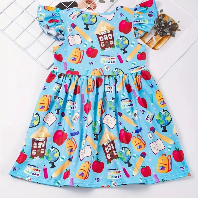 Organic bamboo kids dresses for girls ruffle sleeve 6-year old girl dress custom print dress kids jersey children clothes
