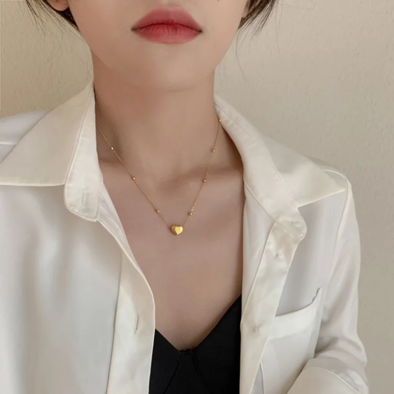 2021 New Arrival Lovers Love Heart Shape Pendant Beaded Chain Stainless Steel 18K Necklace For Women