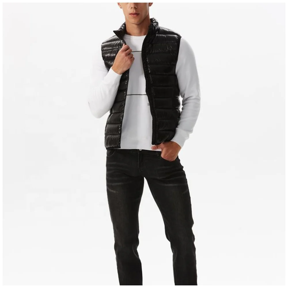OEM high quality casual street wear trendy new fashion winter men outdoor shiny sleeveless black puffer vest