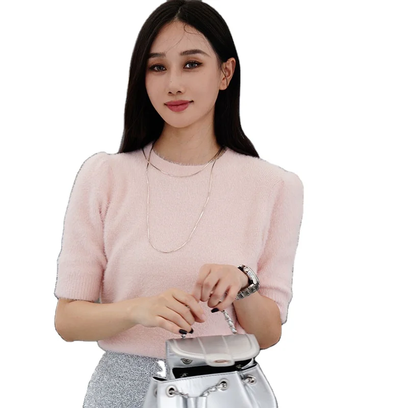 Sweater Women Casual Short Sleeve Mohair Knit Woolen Pullover Crew Neck Tops High Quality Sweatshirt for Ladies