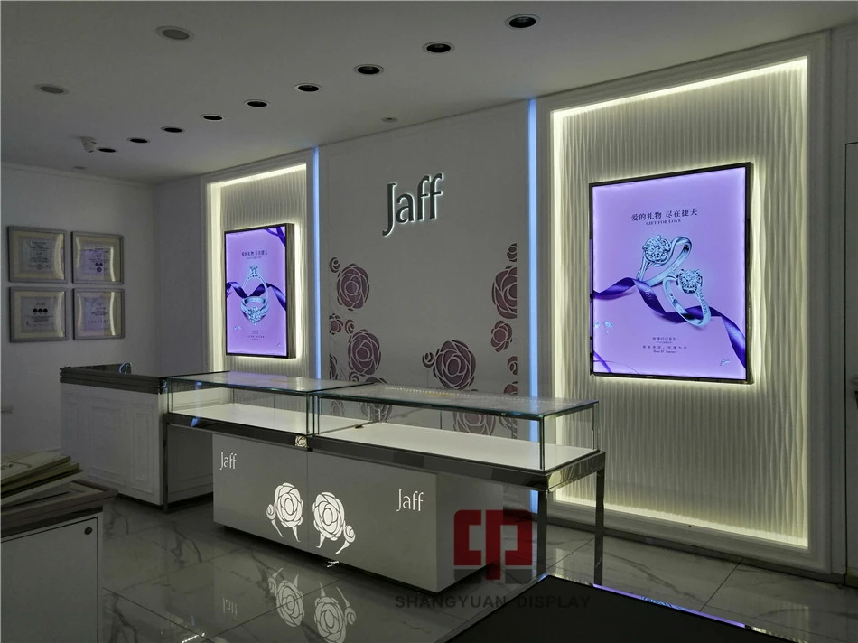 Diamond jewelry store paint display cabinet Mirror stainless steel jewelry display counter carved wooden glass showcase