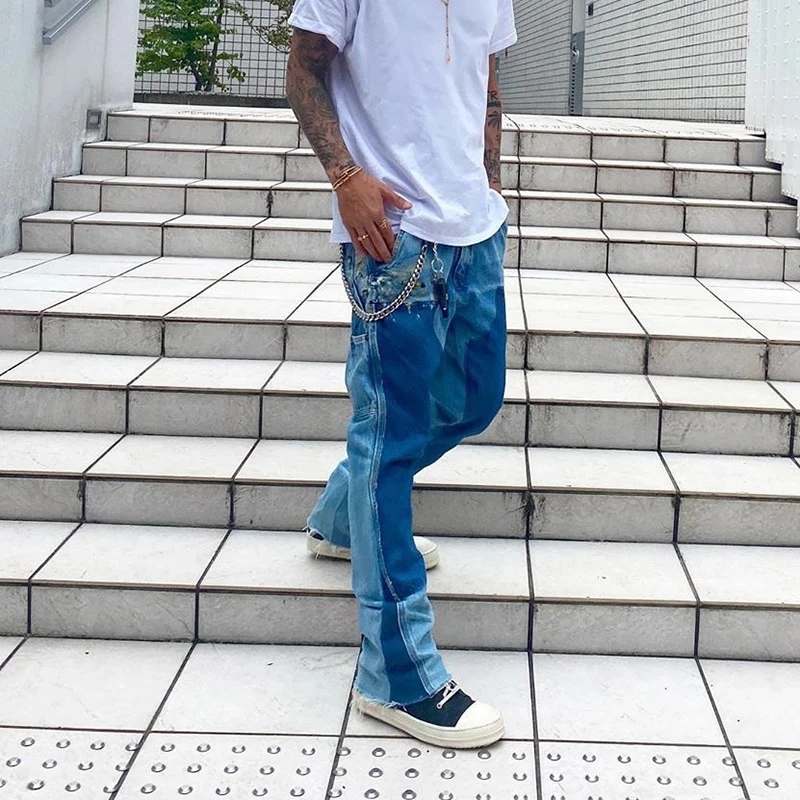 High street men color block spliced washed flare jeans straight Retro loose casual wide leg denim
