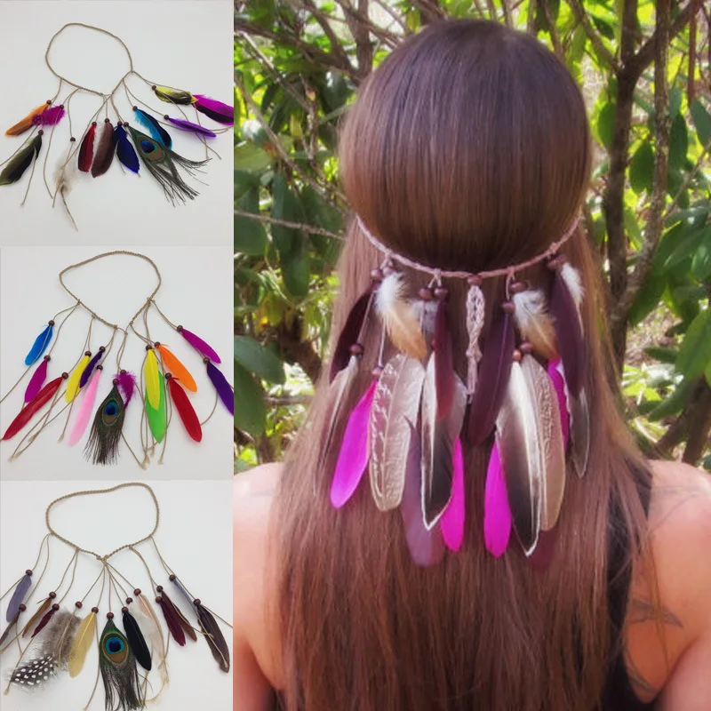 Fashion Boho feathers Headband Clip Rope for Woman Festival Hair Accessories Peacock feathers Turban Ladies Adjust Hairband