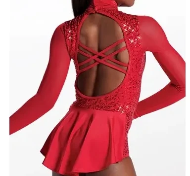 Women Spandex Metallic Turtleneck Dance Leotards Red Ballet Bodysuits beautiful sequin long sleeve leotard girls jazz costume