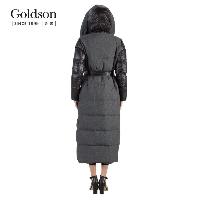 Ladies belt long down parka yarn dyed fabric fashion women winter down jacket