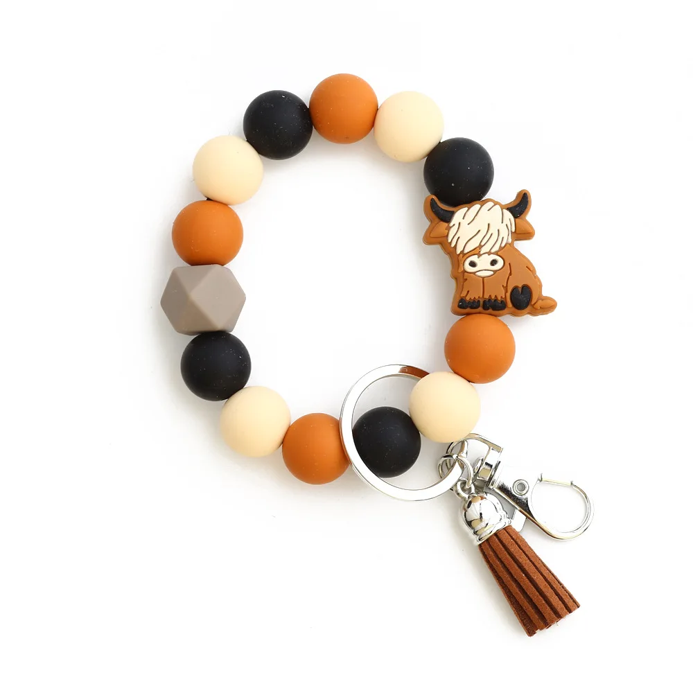 New Creative Cartoon Cow Elk Butterfly Wristlet Tassel Keychain For Girls Silicone Beads Bracelet Keychain Bag Pendant
