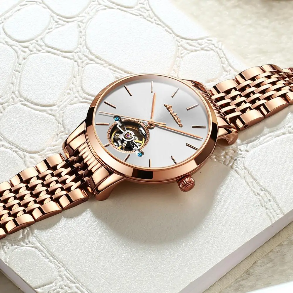 
OEM JSDUN New Women Watches Fashion Tourbillon Luxury Skeleton Chronograph Ladies Automatic Mechanical Gold Wrist Watch 