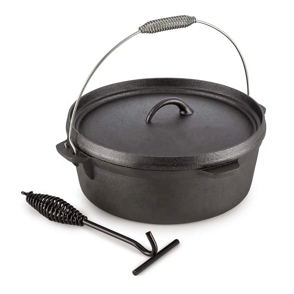 4.5QT Pre-seasoned Cast Iron Flat Camping Dutch Oven with Lid Lifter