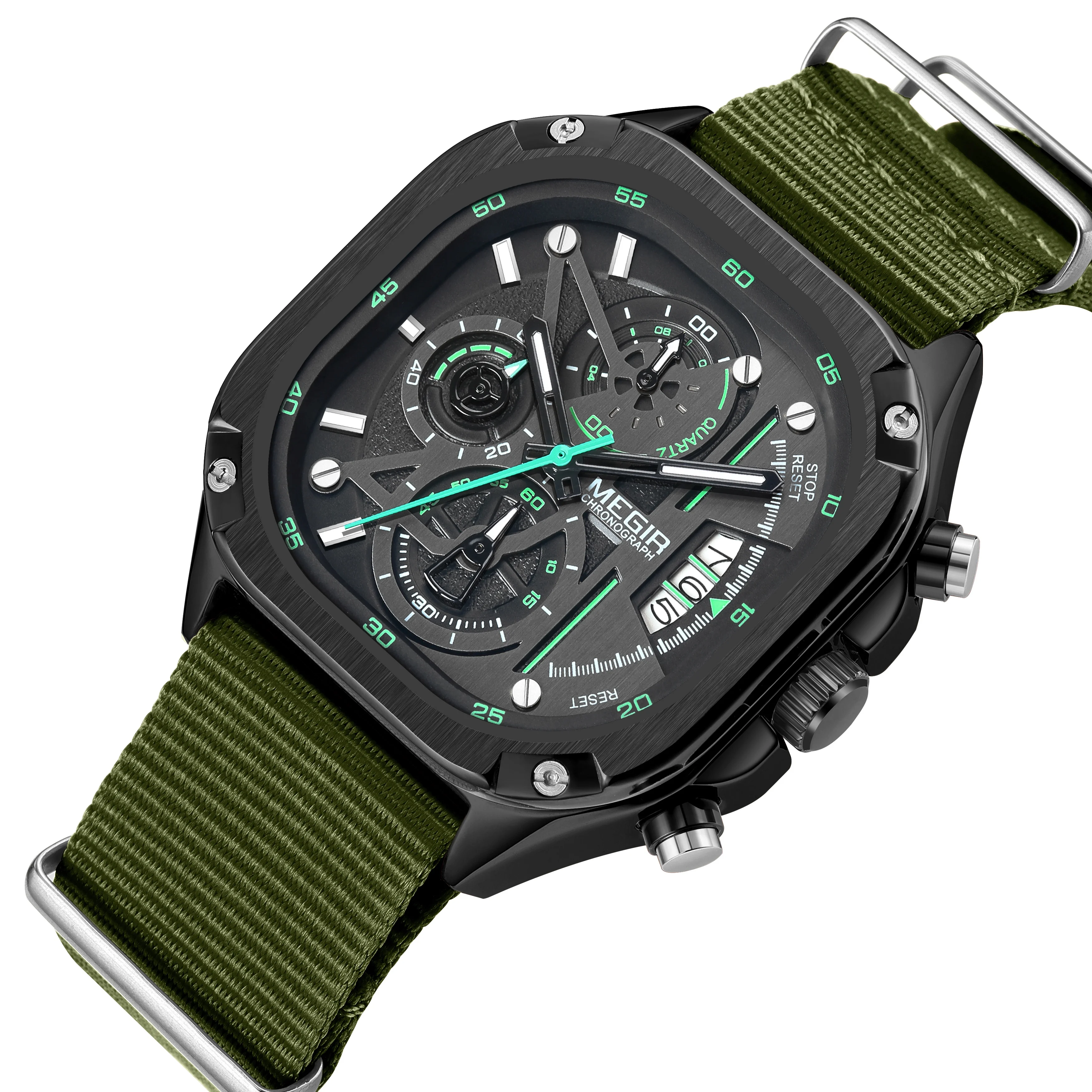 MEGIR 2217 Green Canvas Band Men Quartz Sports Watches Waterproof Man Clock Chronograph Luminous Hands Wristwatch for Men
