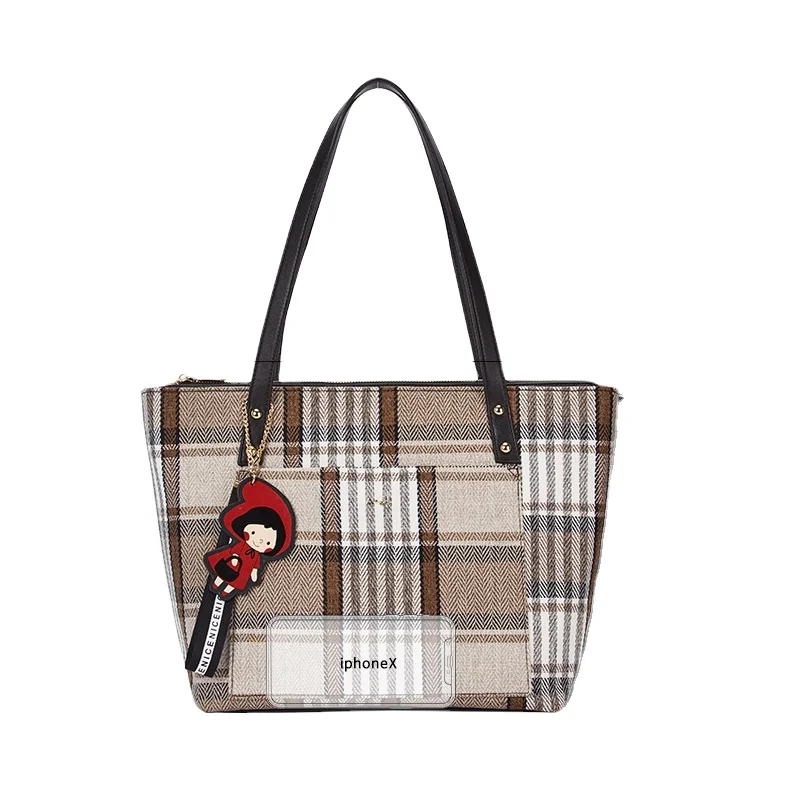 
AJI Large Capacity PU+Canvas Plaid Fashion Design Women Tote Bag European Shoulder Bags For Leisure 