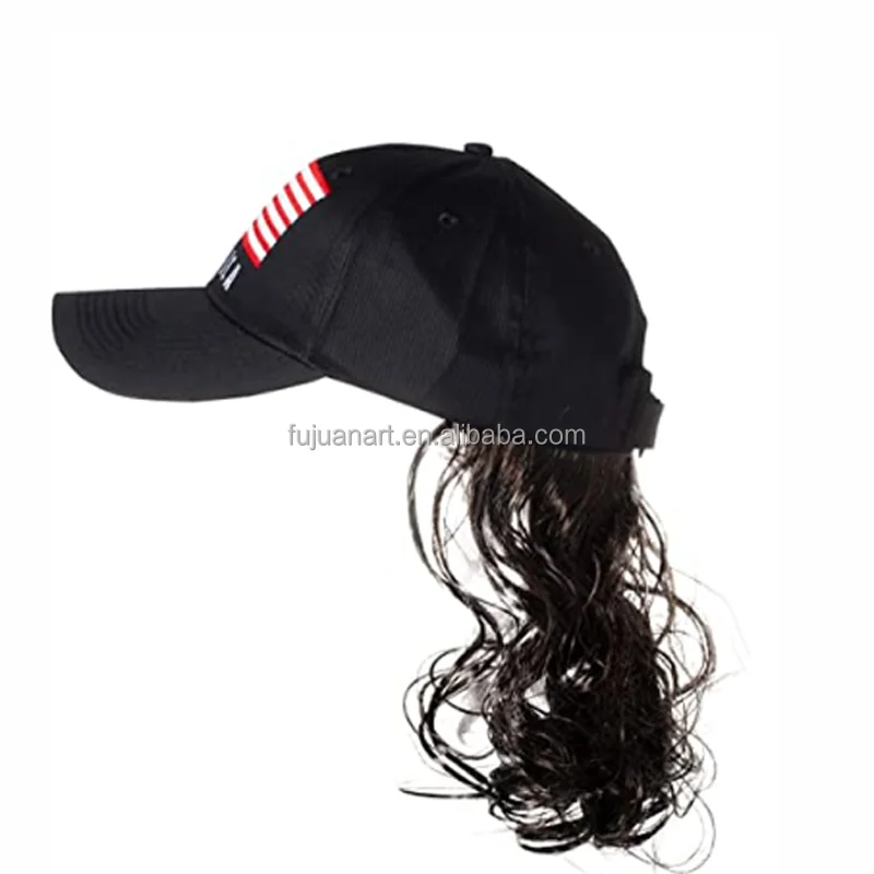Factory direct sell Mullet Hat brown Wig Baseball Cap with hair Adjustable Hook & Loop Closure