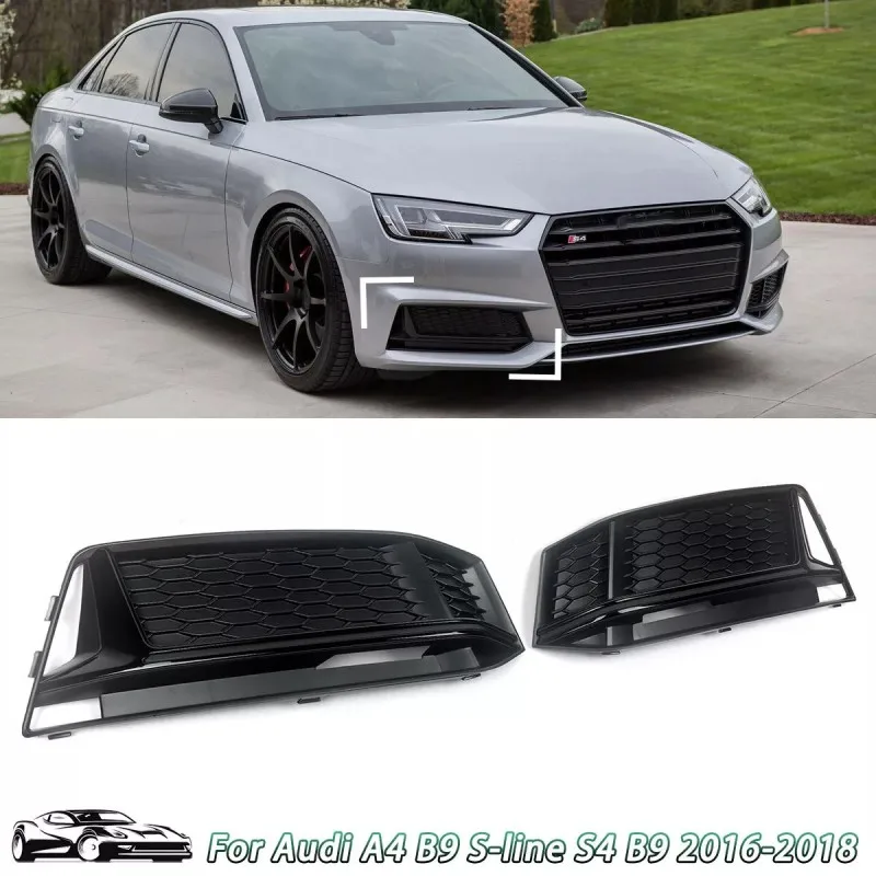 For 2016-2018 Audi A4 B9 S-Line S4 Gloss Black Front Fog Light Lamp Grille Cover
