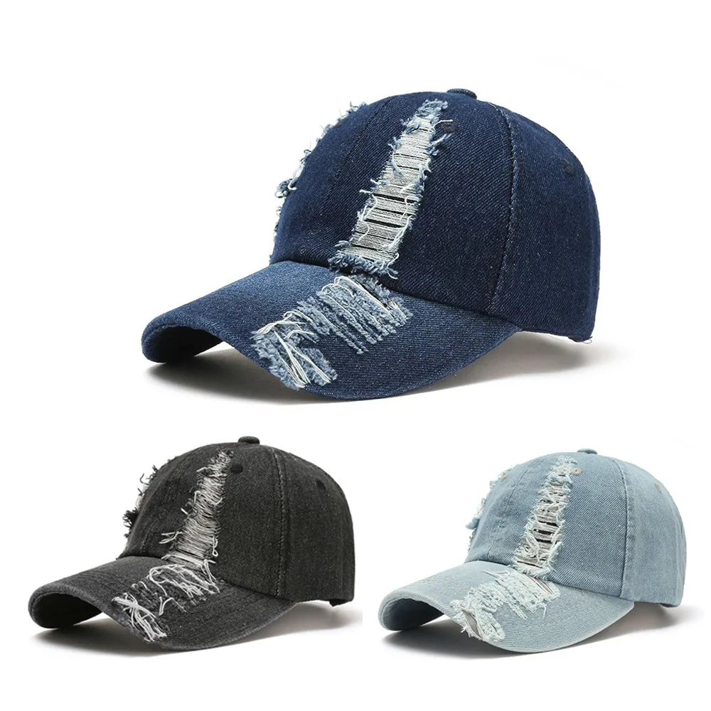 Blank Plain Low moq Demin 6 Panel Blue baseball Jean Caps Worn-out Baseball Sports Cap