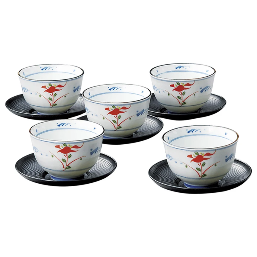 
Mino Ware Red Flower Design Thin Glass Japanese Unique Tea Cups 