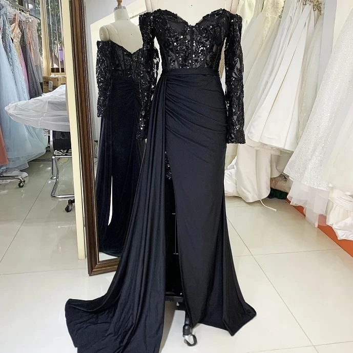 2024 New luxurious elegant long sleeves sequin black off shoulder prom dresses women evening