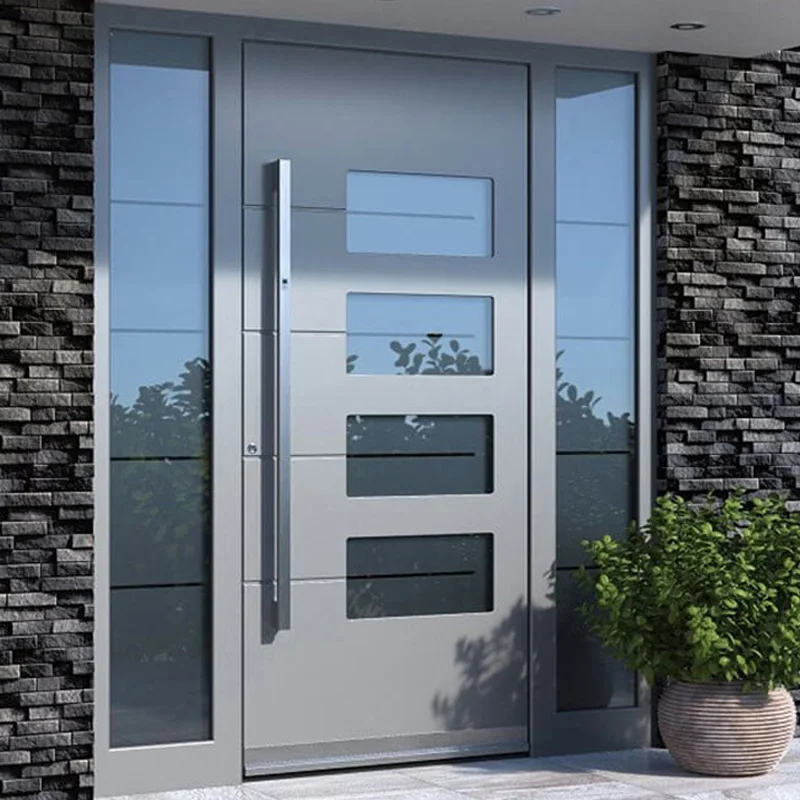 House Exterior Modern Design Metal Security Front Main Steel Security 4 Glass Panel Entrance Entry Doors With Sidelite