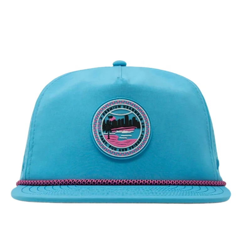Soft Top Flat Brim Custom Rubber Patch Nylon Rope Golf Waterproof Unstructured 5 Panel Running Snapback Hat with rope