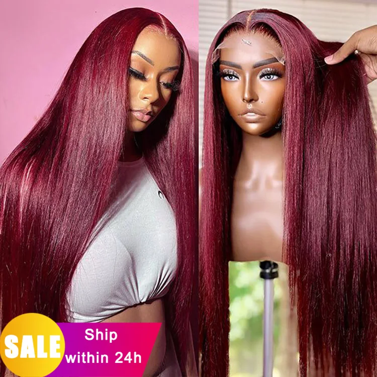 99J Hd Lace Wigs Straight Human Virgin Hair 99J Frontal Wigs 30 32 34 Inch 13X6 Hd Lace Frontal Wig 99J Burgundy In Stock