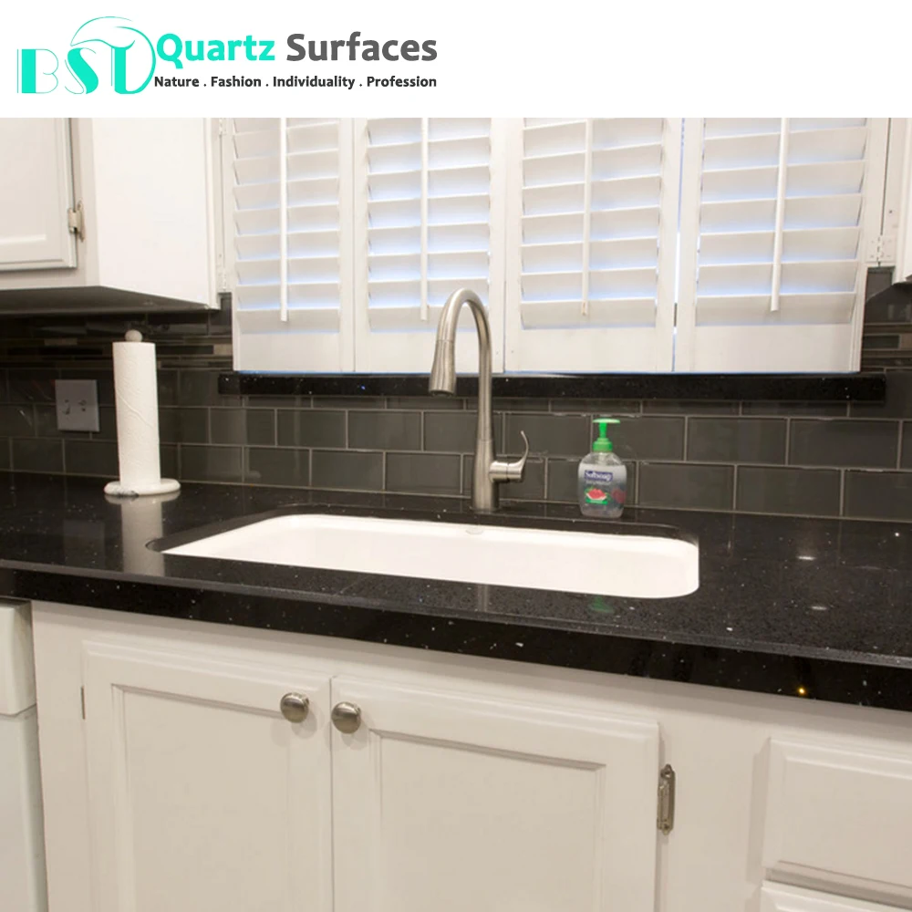 Sparkling Black Kitchen Quartz Stone Table Top stone Island Porcelain Polished Glazed Slab Kitchen Countertop