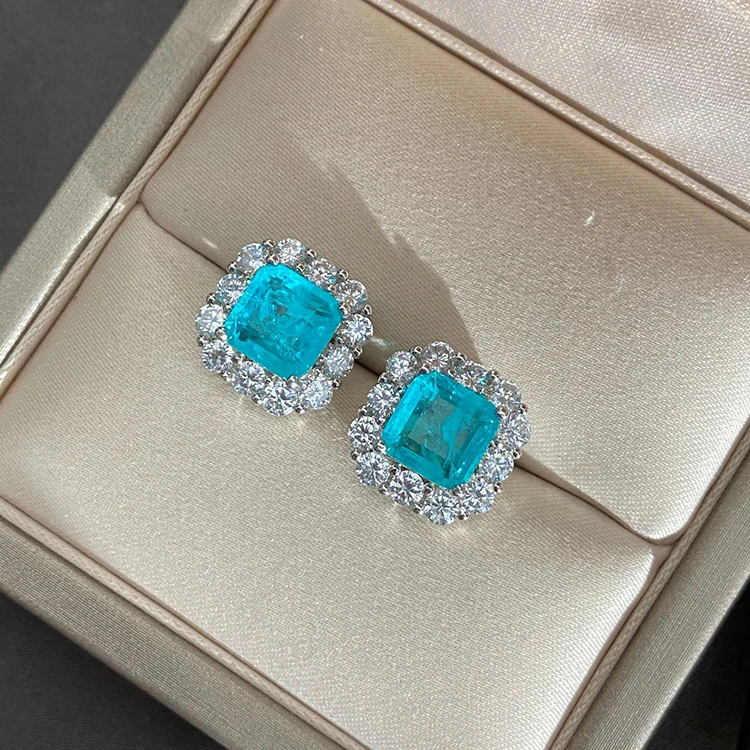 Silver Jewelry 925 Paraiba Square Crystal Paved Ear Tragus Stud Earrings Xmas Gift