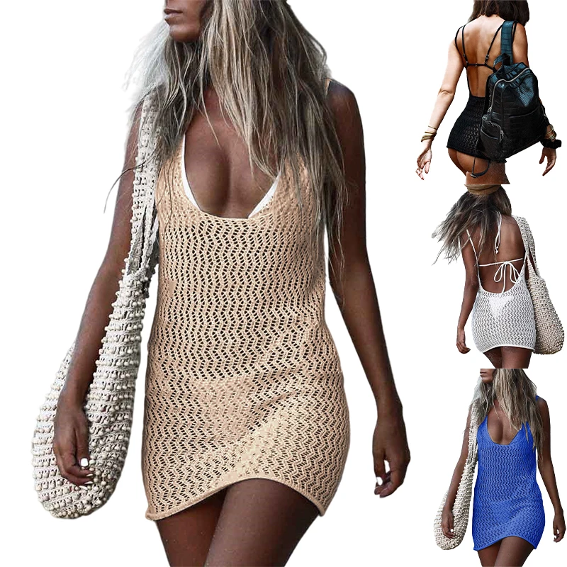 Summer new women knitted hollow backless sexy lace up blouse with short skirt sunscreen sleeveless cover up beach crochet dress