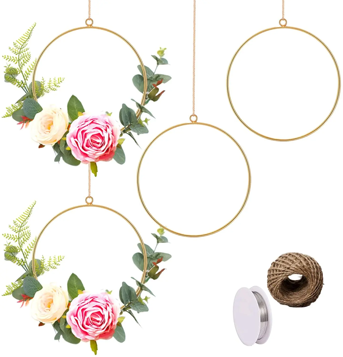 eucalyptus hoop wreath metal floral gold 3 wire hoops round triangle square planter DIY design flower arrangement basket