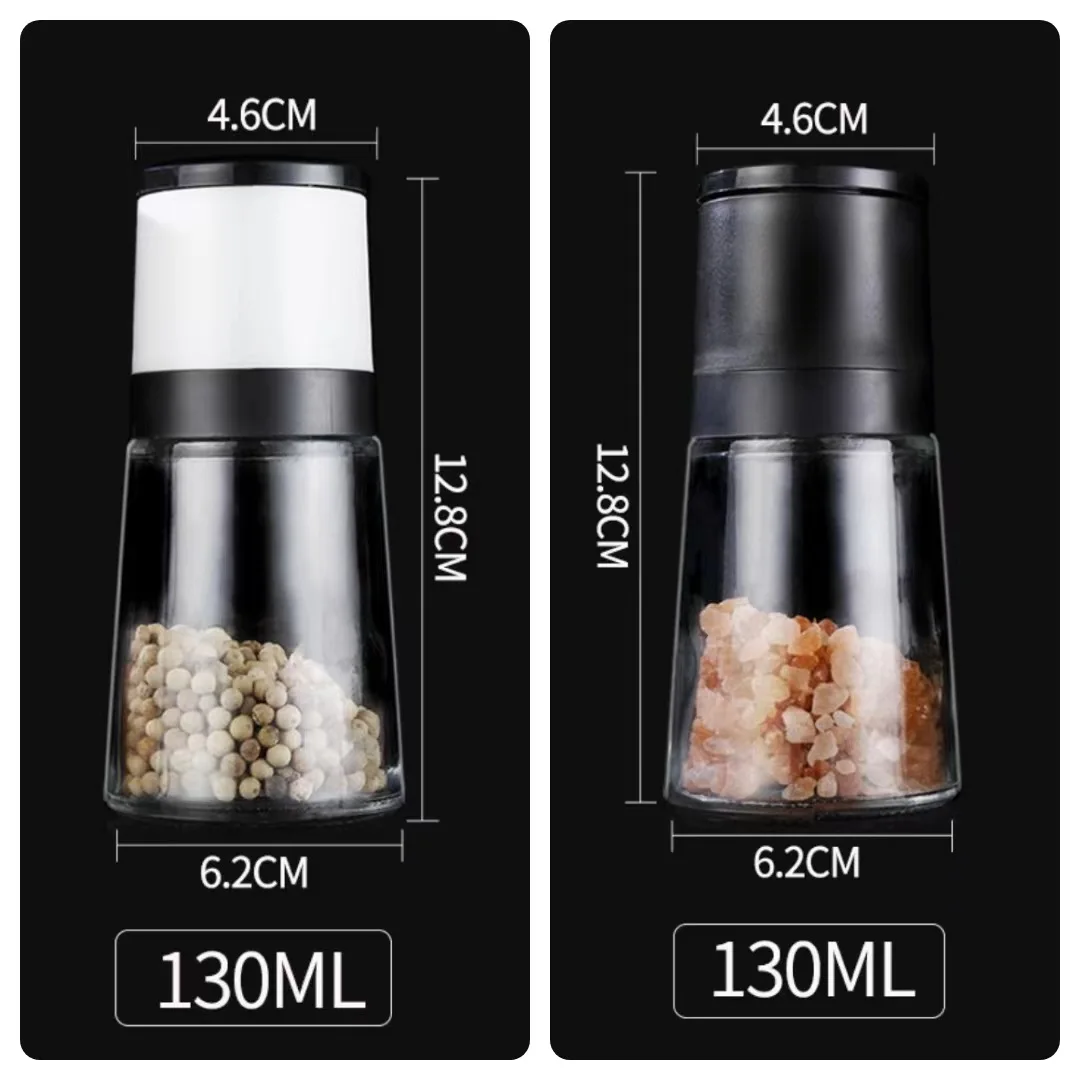 130ml Black White round pepper grinder glass spice jar with ceramic core grinder for kitchen seasoning