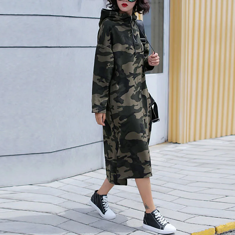 New Arrivals Fall Women Custom OEM Casual Camouflage Cotton Long Dress Plus Size Zipper Hooded Hoodie Dresses With Pockets