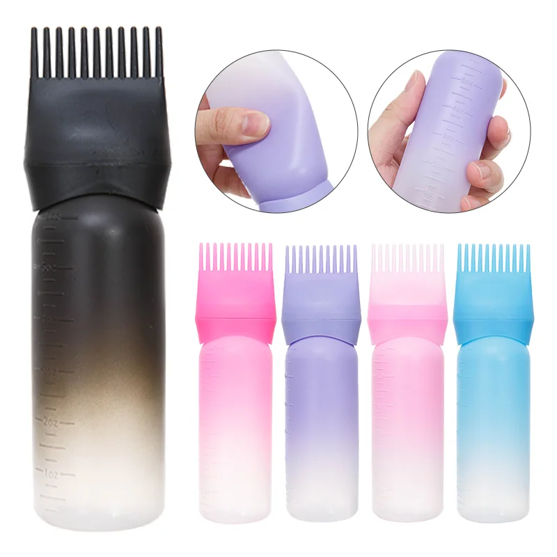 Custom LOGO Oil Root Comb Applicator Bottle plastic Gradient Color hair oil dyeing bottle for barber shop Squeeze Shampoo Bottle